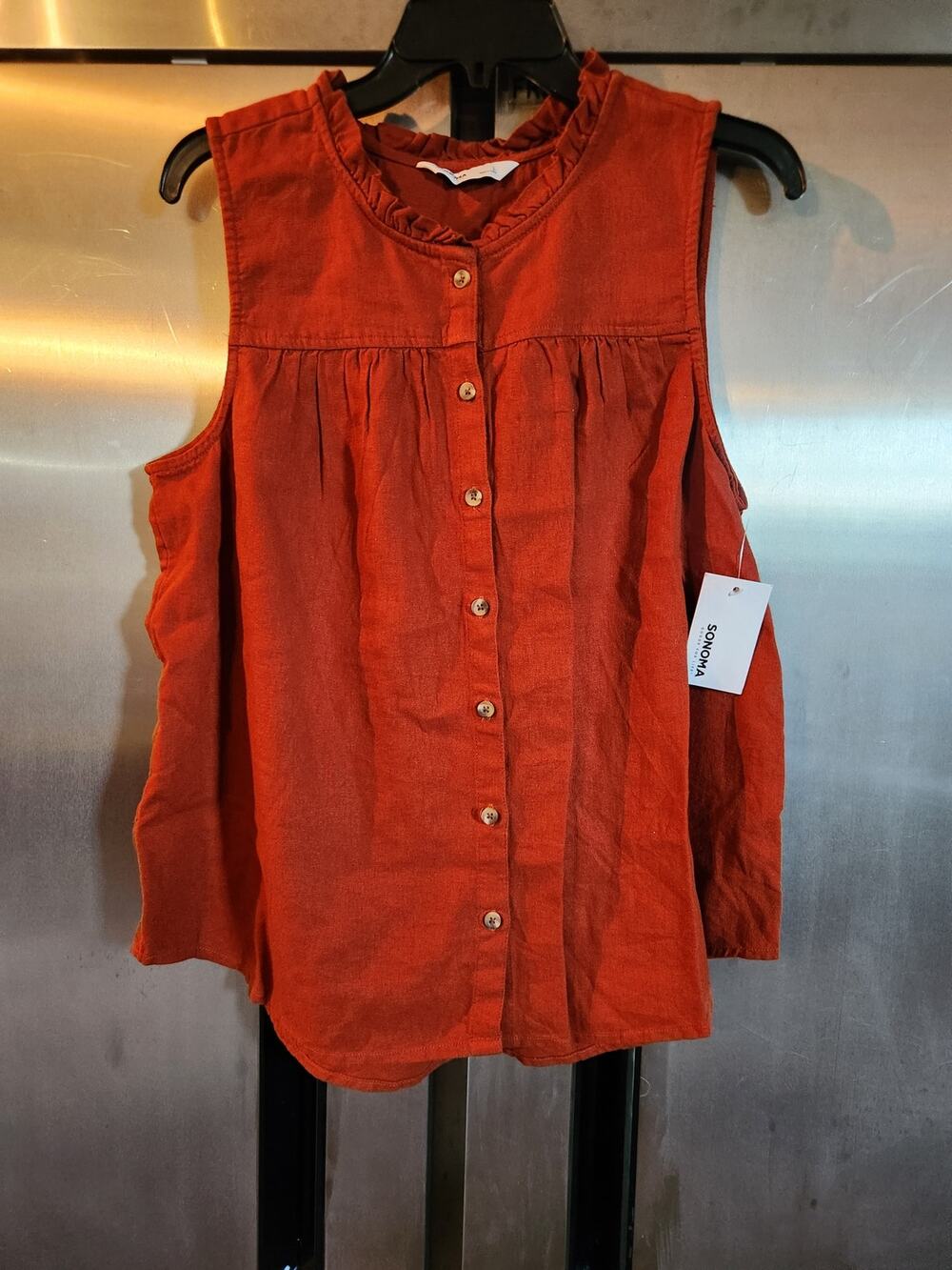 Sonoma Goods For Life Rust Ruffle Neck Button Front Linen Blend Top Size L NWT
